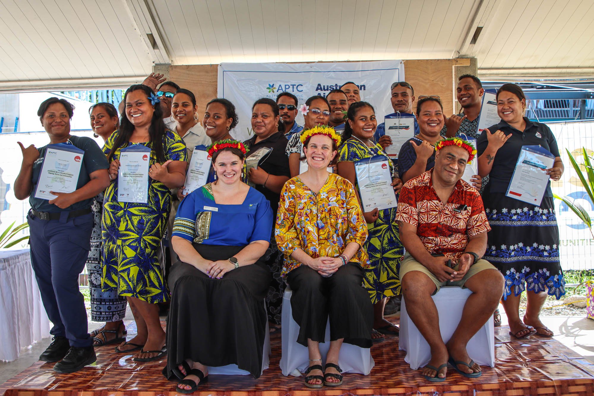 APTC graduates in Kiribati after receiving their certificates at the graduation ceremony on 25 September, 2024.