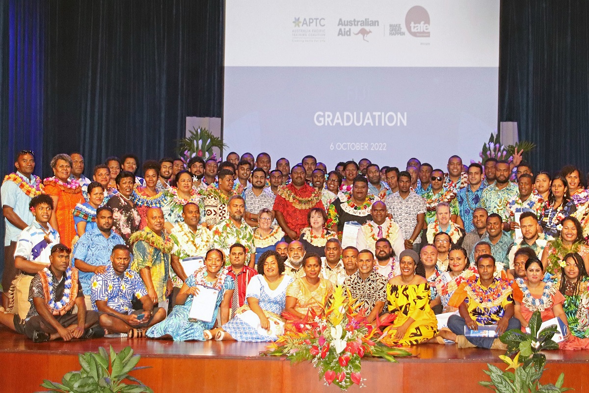 APTC graduates after receiving their certificates at the graduation ceremony in Suva, Fiji today.