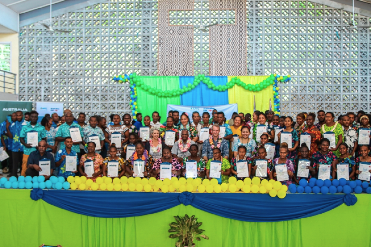 .APTC graduates in the Solomon Islands celebrate their achievements at the graduation ceremony in Honiara on 26 October 2023..