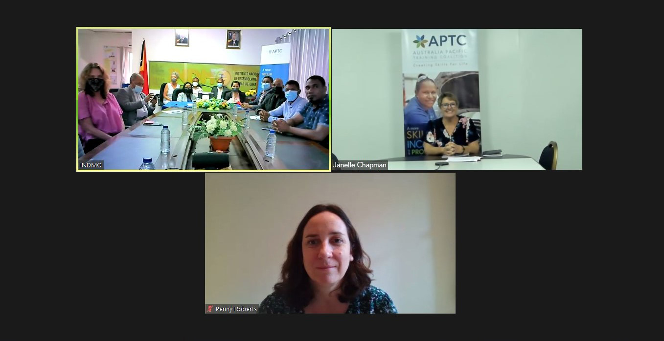 Representatives at the virtual signing of the Partnership Agreement between Australia Pacific Training Coalition (APTC) and the National Institute of Workforce Development (INDMO) in Timor-Leste.