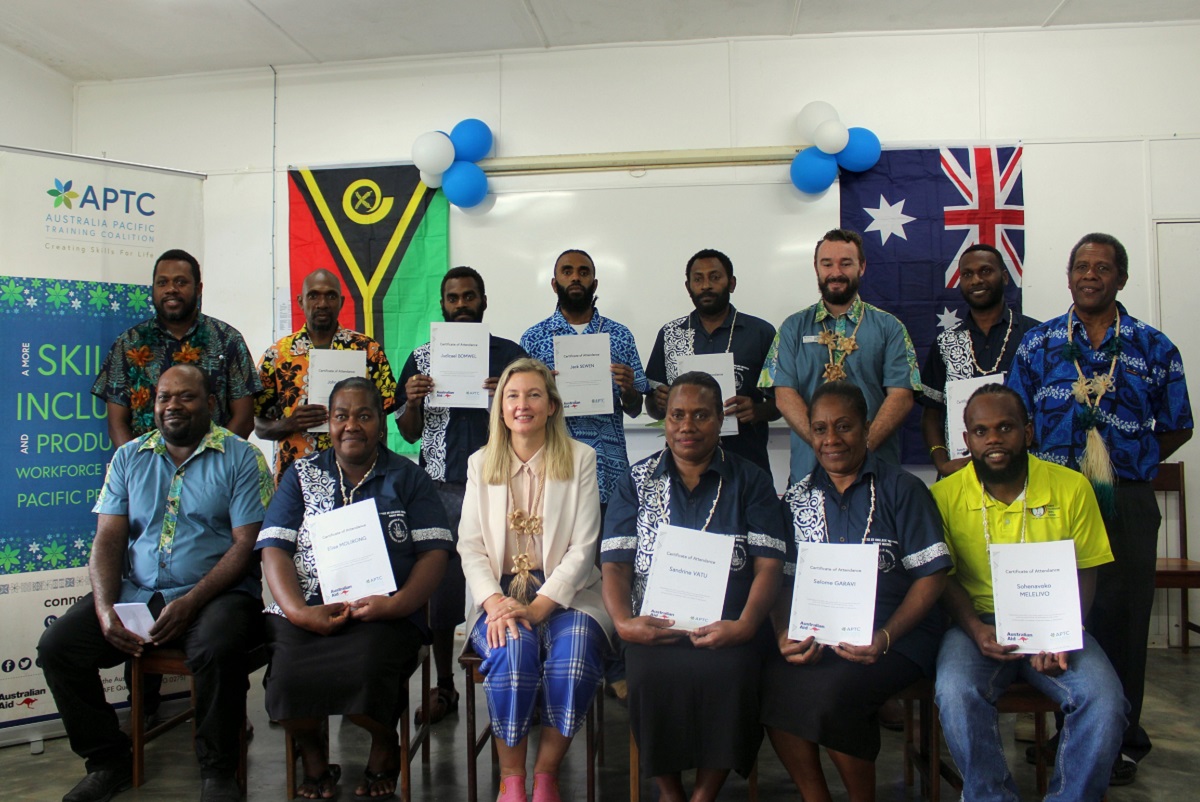 International Skills Training (IST) Advanced Trainer and Assessor Course graduates from the APTC after receiving their certificates in Santo, Vanuatu.