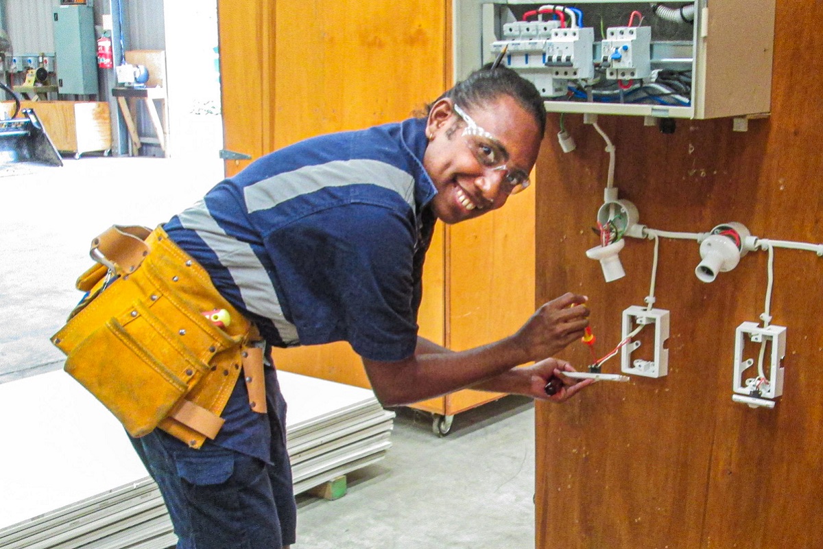 Marywen Falea Siau works on an electrical project in the Solomon Islands.