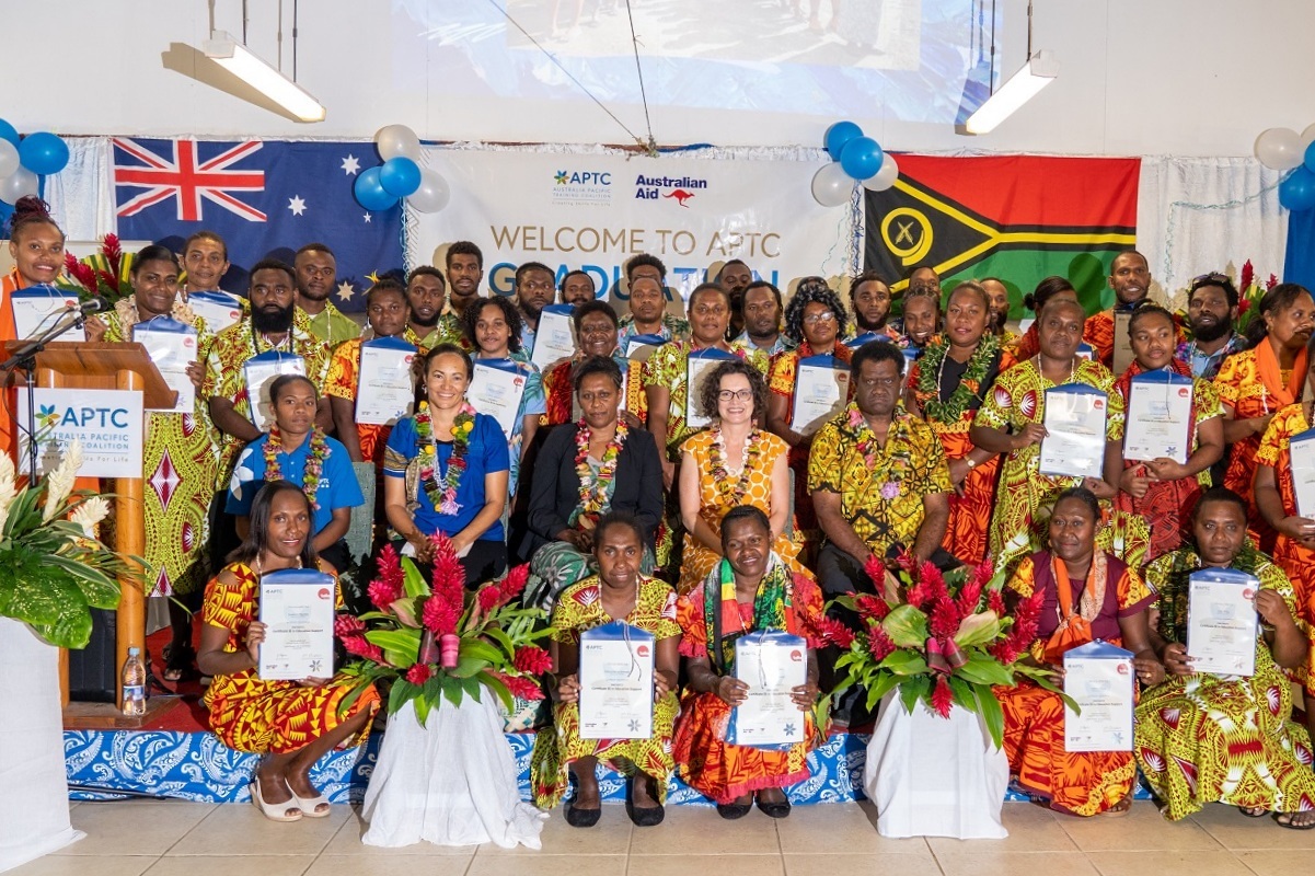 Proud APTC graduates after receiving their certificates at the graduation ceremony in Port Vila, Vanuatu.